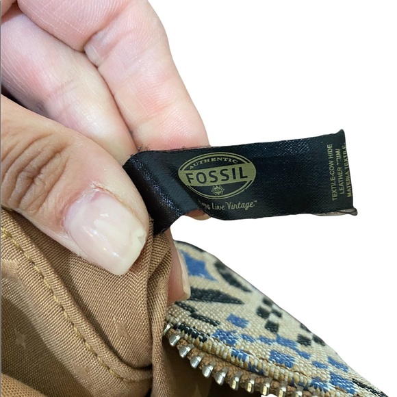 VTG Fossil Crossbody Bag Purse Natural Leather Textile Cowhide Blue 10”X 10.5” - Picture 14 of 14